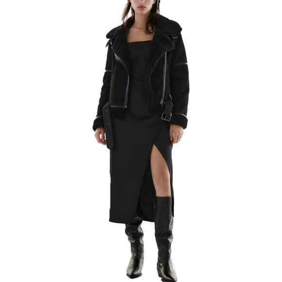 Women Black Faux Shearling Moto Jacket Thick Lined Winter Leather Coat - Picture 3 of 6